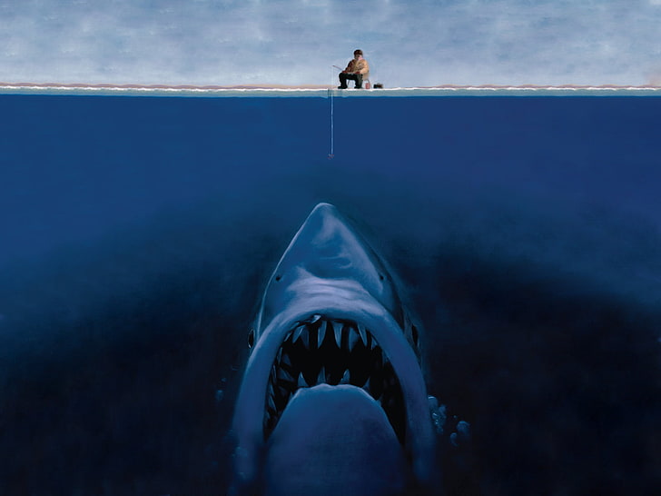 Malerei des grauen und weißen Hais, Fantasiekunst, Haifisch, Fischer, Fischen, Eisfischen, geteilte Ansicht, Spaß, Grafik, HD-Hintergrundbild