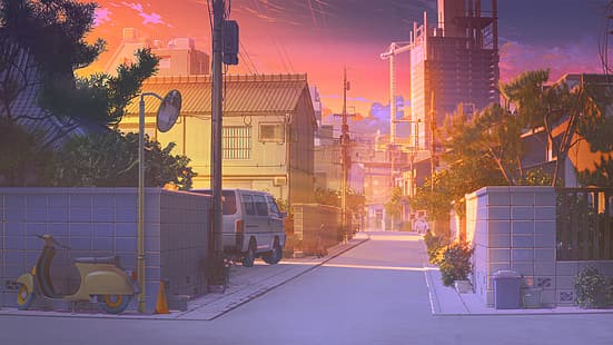  Background Art, anime, landscape, street, sky, clouds, light effects, sunlight, building, scooters, ArseniXC, Love, Money, Rock'n'Roll, visual novel, artwork, digital art, HD wallpaper HD wallpaper