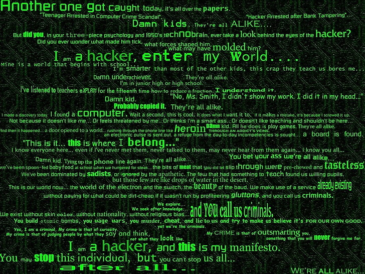 text, hacking, typography, green, HD wallpaper