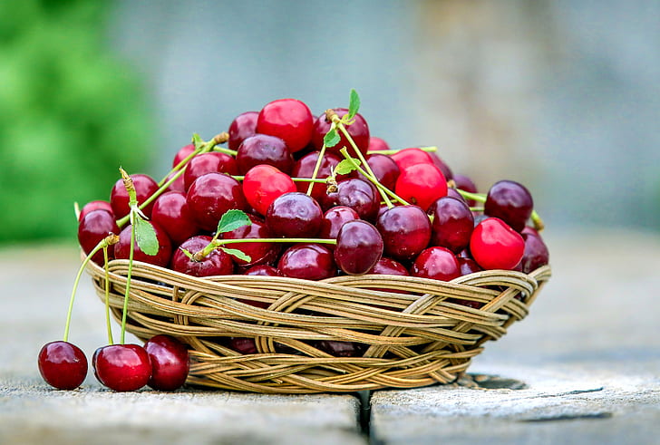 bunch of cherry on white wicker bowl, Gifts, bowl, cherry  red, basket, harvest, berries, summer, fruit, food, freshness, ripe, nature, red, organic, healthy Eating, HD wallpaper