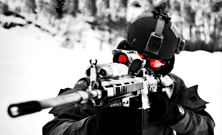Sniper, espingarda de assalto preta, exército, Sniper, preto e branco, HD papel de parede