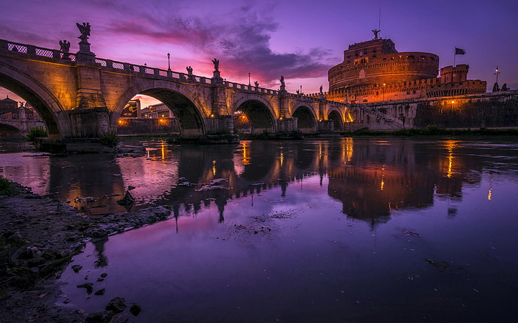 Most Sant Angelo i rzeka Tyber i zamek Sant Angelo Mauzoleum Hadriana Zachód słońca w Rzymie Włochy Tapety na Androida na pulpit lub telefon 3840 × 2400, Tapety HD