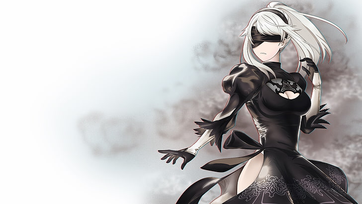 female anime character wearing black dress graphic wallpaper, 2B (Nier: Automata), video games, fan art, Nier: Automata, 2B, black dress, blindfold, white hair, gloves, NieR, cleavage, human android, head band, dust, white  background, RGB, HD wallpaper