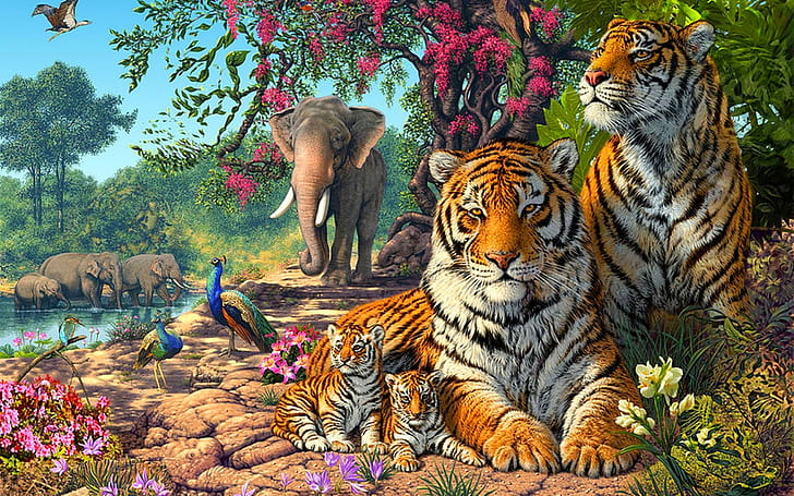 Tigers Family Exotic Birds Paun Elephants Jungle Nature Hd Wallpaper за любителите на животните 1920 × 1200, HD тапет