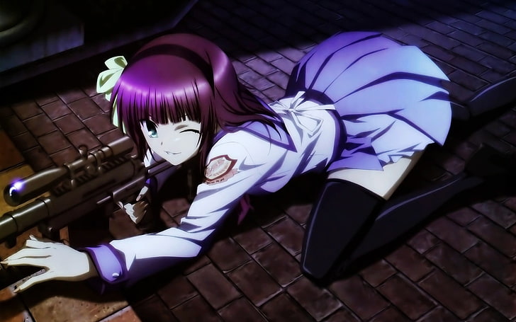 lila behaarte weibliche Zeichentrickfigur, Anime, Angel Beats !, Schuluniform, Nakamura Yuri, HD-Hintergrundbild