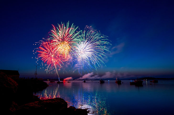 red, blue, and white fireworks, lubec, usa, salute, holiday, HD wallpaper