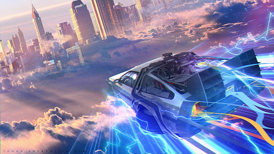 Ilustración del coche, La máquina del tiempo, Regreso al futuro, DMC DeLorean, volando, obras de arte, paisaje urbano, ciencia ficción, cian, violeta, nubes, ciudad, Fondo de pantalla HD HD wallpaper