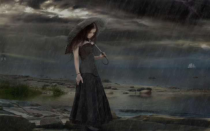 woman holding umbrella, girl, umbrella, rain, grief, sea, clouds, HD wallpaper
