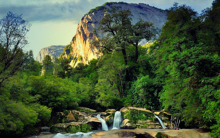 зелени дървета, залез, водопад, планини, Чили, природа, пейзаж, гора, лято, дървета, HD тапет