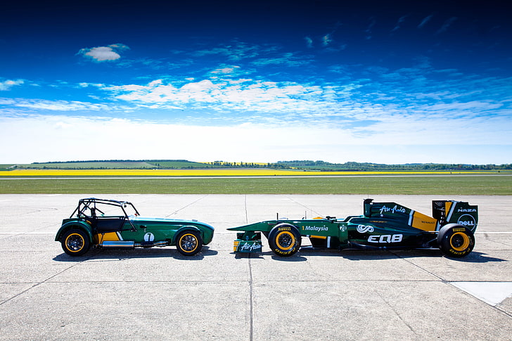 two yellow and green sports cars, auto, the sky, landscape, Wallpaper, sport, Lotus, formula 1, the car, HD wallpaper