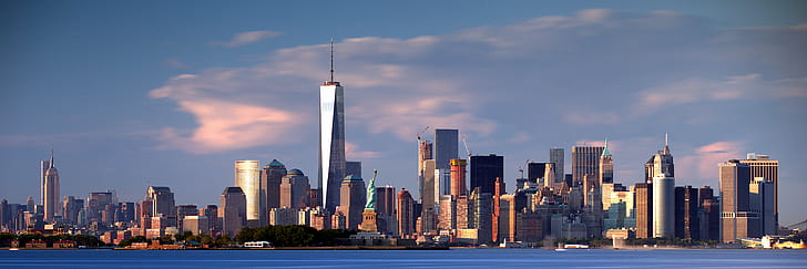 New York City skyline under blue sky, NYC, Downtown, Statue of Liberty, Golden Hour, New York City, blue sky, Icons, Manhattan, dom Tower, State Building, ESB, Skyline, Cityscape, New York  #New York, Nueva York, de, la Libertad, ligne, horizon, orizzonte, clouds, ニュ, ク, urban Skyline, skyscraper, downtown District, architecture, city, urban Scene, famous Place, uSA, tower, building Exterior, manhattan - New York City, built Structure, modern, office Building, sky, dom Tower - New York, HD wallpaper