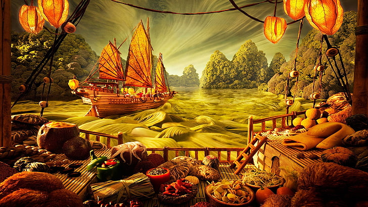 brown galleon ship painting, ship, picture, table, entertainments, HD wallpaper