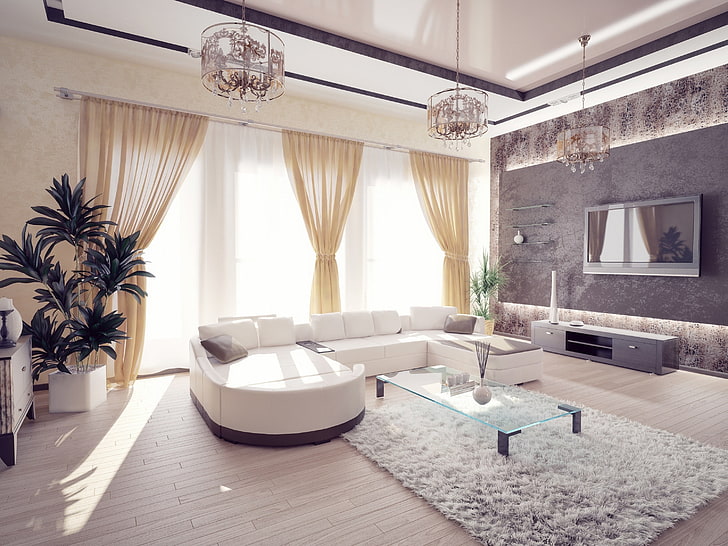 белый секционный диван, гостинная, диван, мебель, интерьер, стиль, дизайн, HD обои