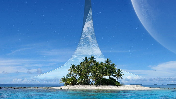 île entre mer, halo, bleu, île, art numérique, ciel, palmiers, Fond d'écran HD
