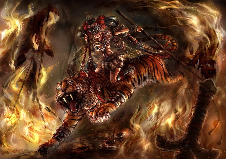 woman riding on tiger digital wallpaper, tiger, horsewoman, girl, fire, jump, HD wallpaper