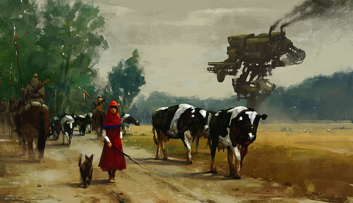 犬と牛の群れと一緒に歩いている女性、1920年、デジタルアート、アートワーク、絵画、ヤクブロサルスキー、代替史、 HDデスクトップの壁紙