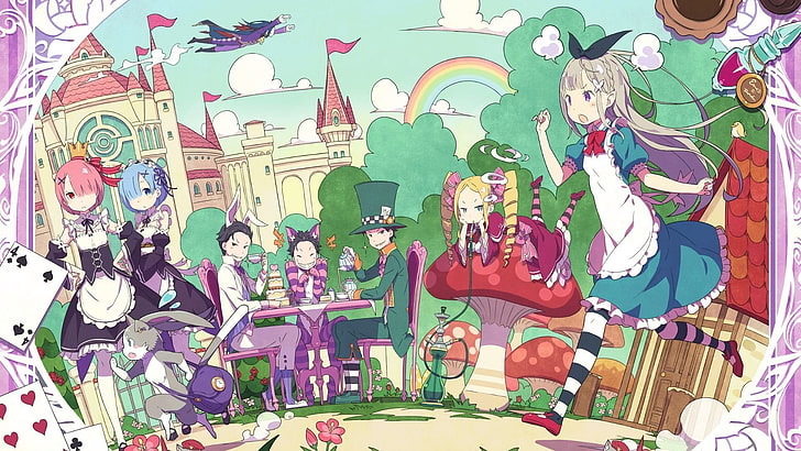 Anime, Re: ZERO -Starting Life in Another World-, Alice In Wonderland, Beatrice (Re: ZERO), Bird, Bunny Ears, Card, Cat, Crown, Dress, Emilia (Re: ZERO), Girl, Mushroom, Pack ( Re: ZERO), Rainbow, Ram (Re: ZERO), Rem (Re: ZERO), Roswaal L. Mathers, Subaru Natsuki, Tea Cup, HD tapet