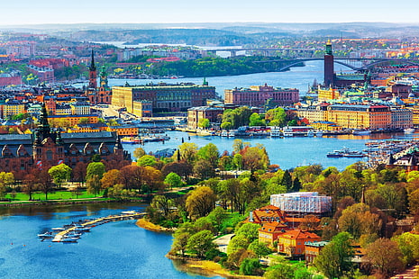Sweden, Stockholm, city, river, boats, trees, city, landscape, panorama, houses, Sweden, Stockholm, bridges, HD wallpaper HD wallpaper