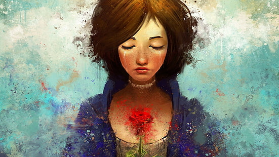 donna in top blu con occhi vicini dipinto, BioShock Infinite, BioShock, Elizabeth (BioShock), Sfondo HD HD wallpaper