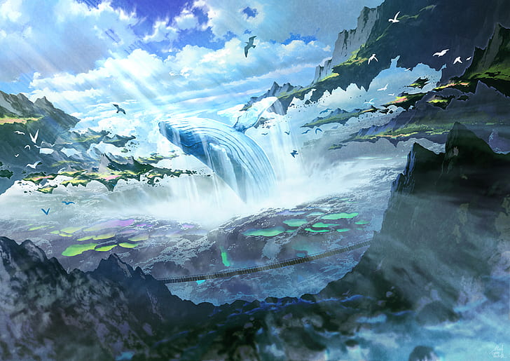 Anime, Original, Fantasy, Floating Island, Whale, HD wallpaper