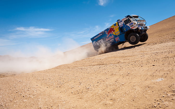 camion Red Bull bleu et jaune, nature, rallye, KAMAZ, Paris-Dakar, Fond d'écran HD