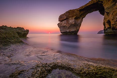 바다, 일몰, 바위, 해안, 아치, 몰타, Gozo, Azure 창, HD 배경 화면 HD wallpaper