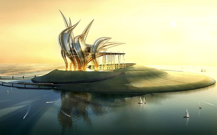 The future of artificial island, sand island illustration, Future, Artificial, Island, HD wallpaper