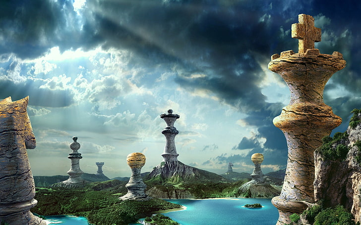 peças de xadrez torres papéis de parede digitais, xadrez, arte de fantasia, céu, paisagem, HD papel de parede