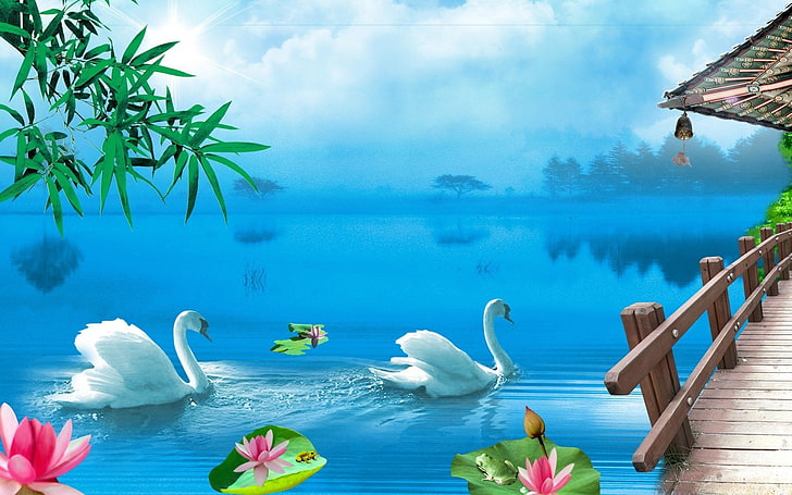 Artistic, Painting, Lake, Lotus, Swan, HD wallpaper
