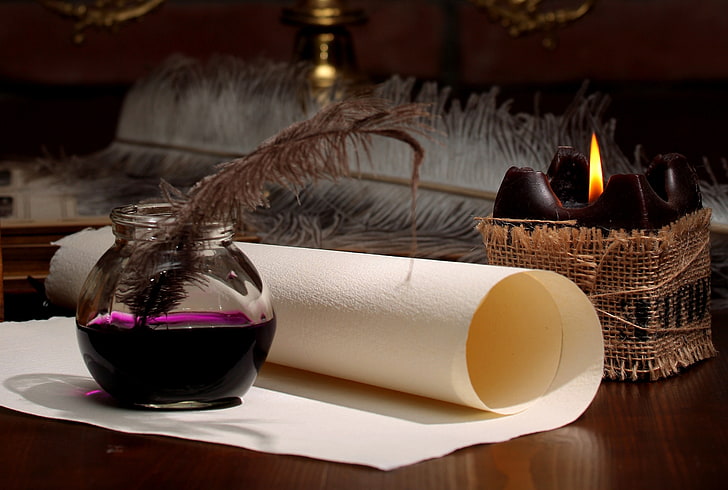 brown feather pen, paper, pen, candle, ink, scroll, HD wallpaper