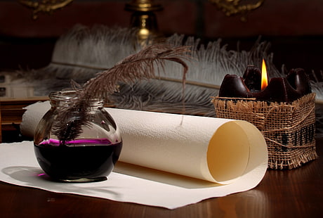 brown feather pen, paper, pen, candle, ink, scroll, HD wallpaper HD wallpaper