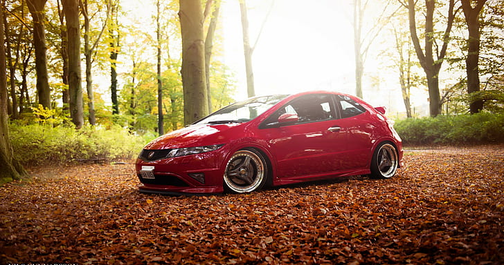Honda, Civic, Type-R, honda, Civic, Type-R, stance, Red, forest, HD wallpaper