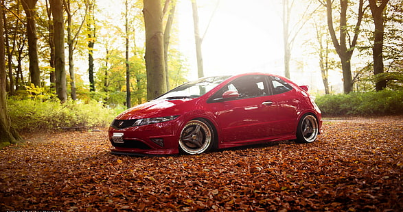 Honda, Civic, Type-R, honda, Civic, Type-R, stance, Red, forest, HD wallpaper HD wallpaper