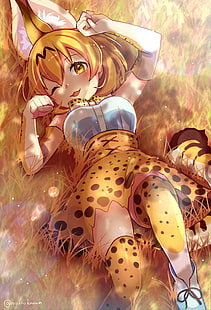 animal ears, Kemono Friends, serval, tail, thigh-highs, Serval (Kemono Friends), HD wallpaper HD wallpaper