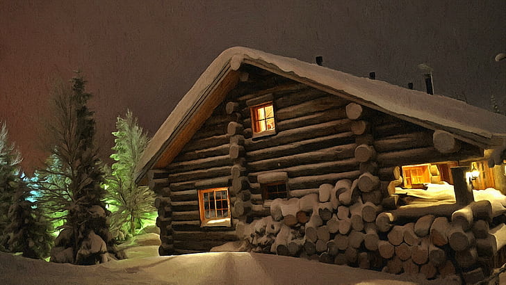 opera d'arte, inverno, cabina, neve, notte, Sfondo HD
