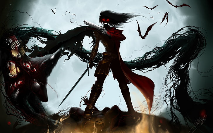 женщина с мечом аниме персонаж цифровых обоев, Хеллсинг, Алукард, аниме, летучие мыши, HD обои