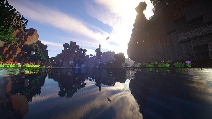 Minecraft игровое приложение, Minecraft, вода, море, пещера, солнце, рендер, HD обои