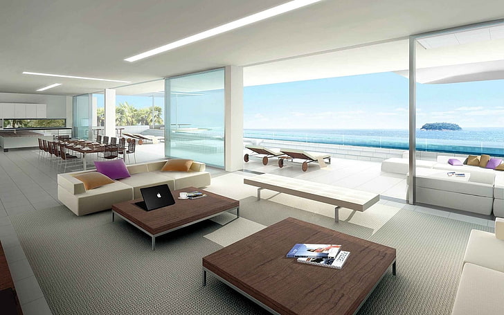 dua meja kayu persegi coklat dan sofa putih, interior, desain, gaya, rumah, villa, ruang tamu, modern, Wallpaper HD