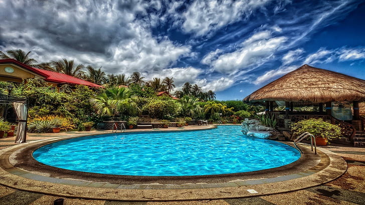 Pool Side Hdr, round above ground swimming pool, palms, clouds, pool, nature and landscapes, HD wallpaper