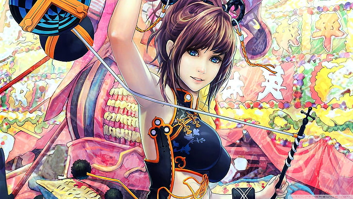 шатенка женский аниме персонаж держит черный жезл с белой веревкой иллюстрации, красочные, аниме, аниме девушки, оригинальные персонажи, HD обои