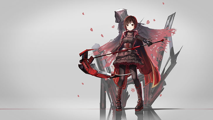anime, anime girls, RWBY, Ruby Rose (character), weapon, scythe, standing, gray background, death, dress, short hair, redhead, Gothic, HD wallpaper