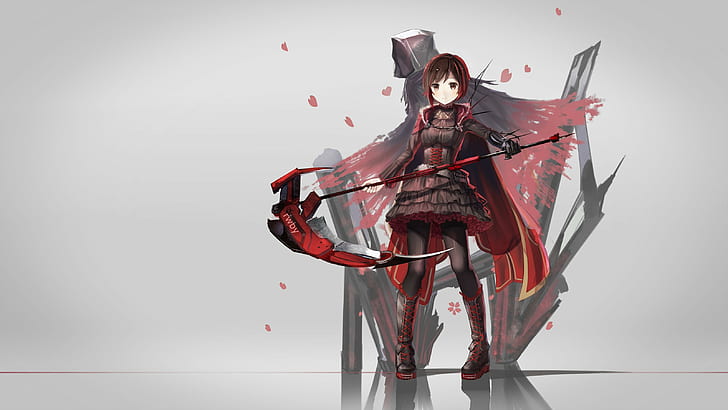 RWBY, redhead, weapon, standing, gray background, dress, anime girls, short hair, anime, death, Gothic, scythe, Ruby Rose (character), HD wallpaper