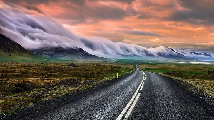 estrada, céu, montanhas, natureza, nuvem, infraestrutura, atmosfera, horizonte, rodovia, montanha, islândia, islândia, paisagem, viagem, HD papel de parede
