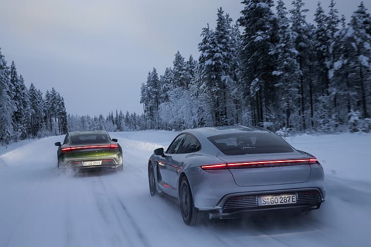Winter, Schnee, Porsche, unterwegs, 2020, Taycan, Taycan 4S, HD-Hintergrundbild