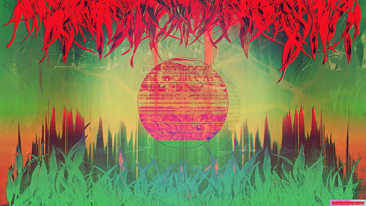 اللوحة التجريدية الخضراء والوردية ، فن خلل ، تجريدي ، vaporwave ، LSD، خلفية HD