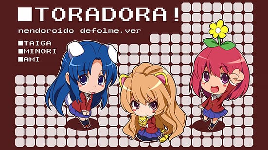 Toradora!, Aisaka Taiga, Kawashima Ami, Kushieda Minori, สาวอะนิเมะ, หูสัตว์, ผมสีฟ้า, สติ๊กเกอร์, หน้าแดง, หน้าแดง, ดวงตาสีน้ำตาล, สีบลอนด์, chibi, หูเสือ, หางสุนัข, dogears, ดวงตาสีฟ้า, ผมสีชมพู, หัวแดง, ตาสีชมพู, ดอกไม้ในเส้นผม, ดอกไม้, ผมยาว, ผมสั้น, หน้าม้า, ดวงตาสีม่วง, หาง, ชุดนักเรียน, นักเรียนหญิง, ทรงผมบ็อบ, บ๊อบตัด, ต้นขาสูง, ถุงเท้าสูงต้นขา, หางเสือ, ข้อความ, แบบแผน, กระโปรง, แจ็คเก็ต เสื้อแดง เสือ แลบลิ้น ยิ้ม มองไปที่ผู้ชม ต้นขา Zettai Ryouiki, วอลล์เปเปอร์ HD HD wallpaper