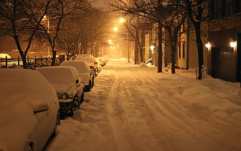 град, нощ, фотография, сняг, улица, улично осветление, градско, зима, HD тапет HD wallpaper