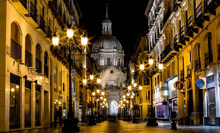 malam, lampu, jalan, rumah, Katedral, Spanyol, Zaragoza, Wallpaper HD