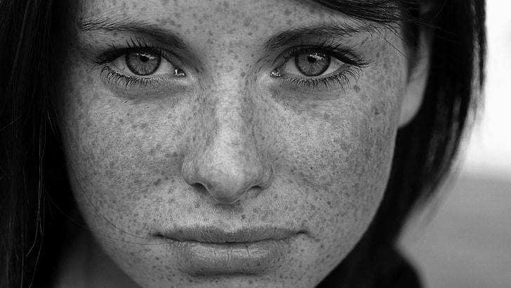 monochrome, face, freckles, eyes, women, model, HD wallpaper