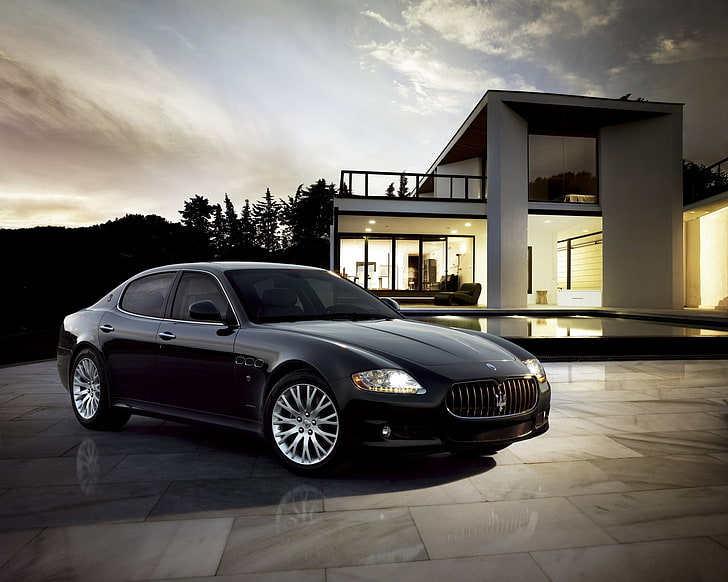 Maserati, Maserati Quattroporte, Siyah Araba, Araba, Lüks Araba, Gece, Araç, HD masaüstü duvar kağıdı
